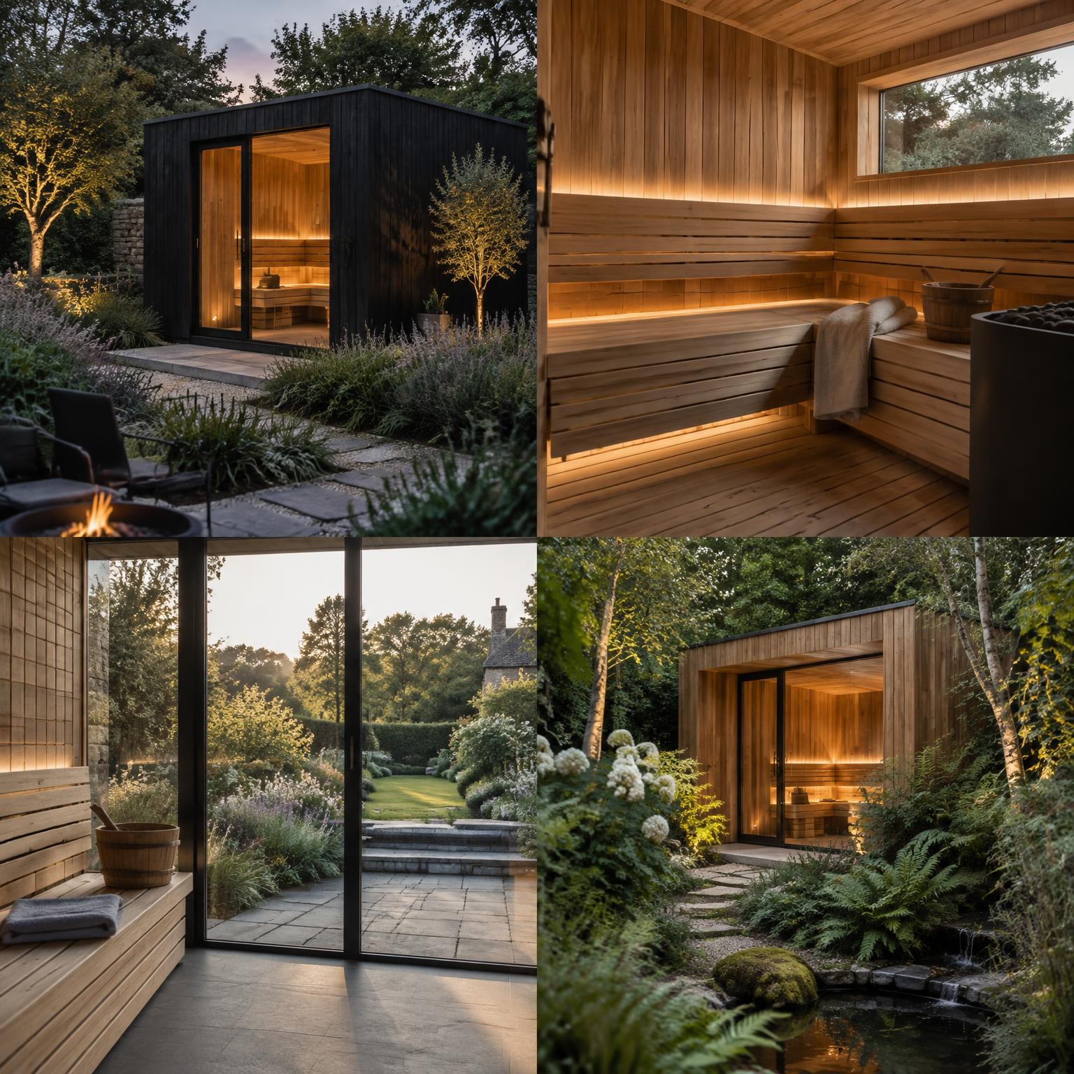 Four views of bespoke garden saunas and interiors