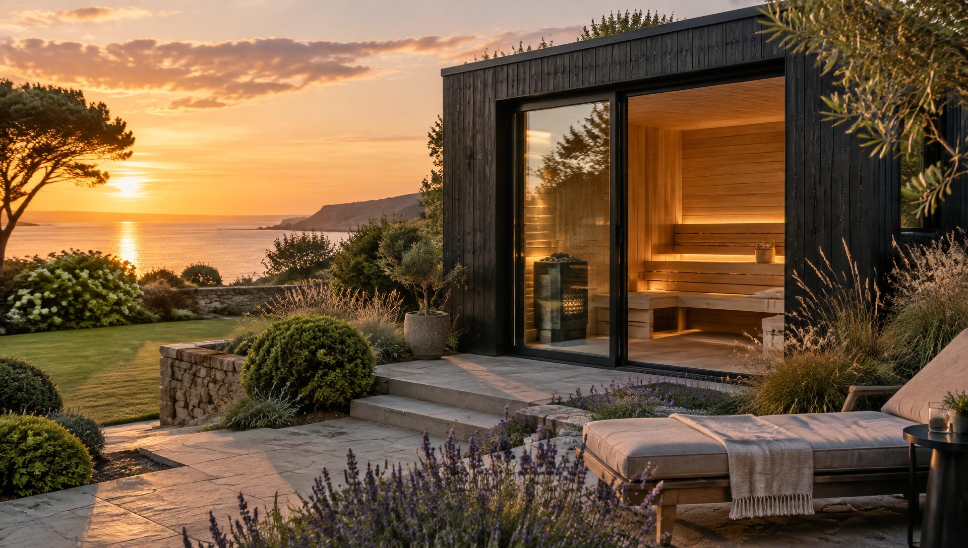 Black timber garden sauna overlooking the coast