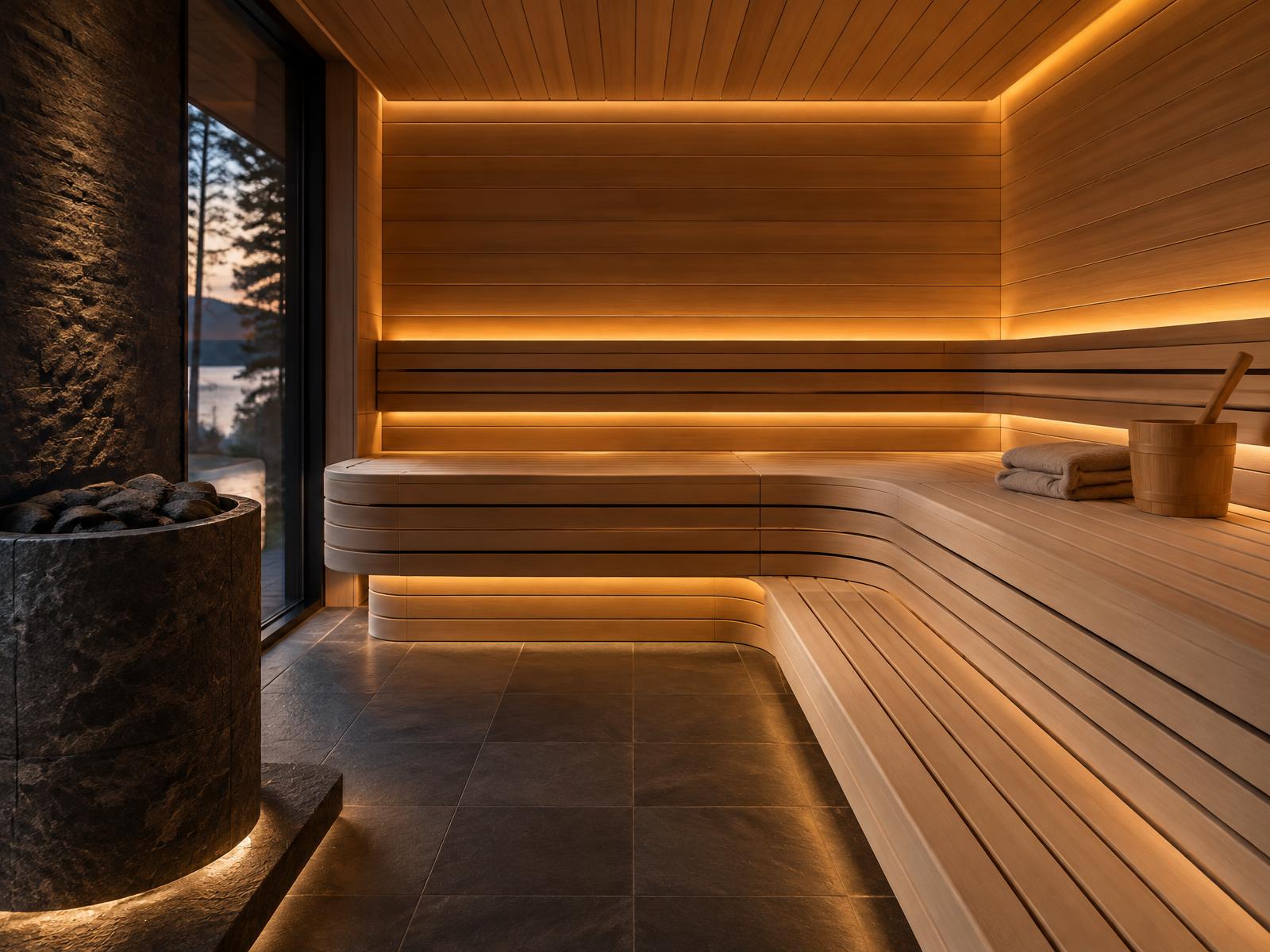 Warm cedar sauna interior with sculpted benches